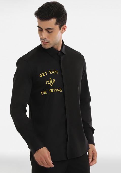Black Embellished Work Cotton Lycra Shirt For Men