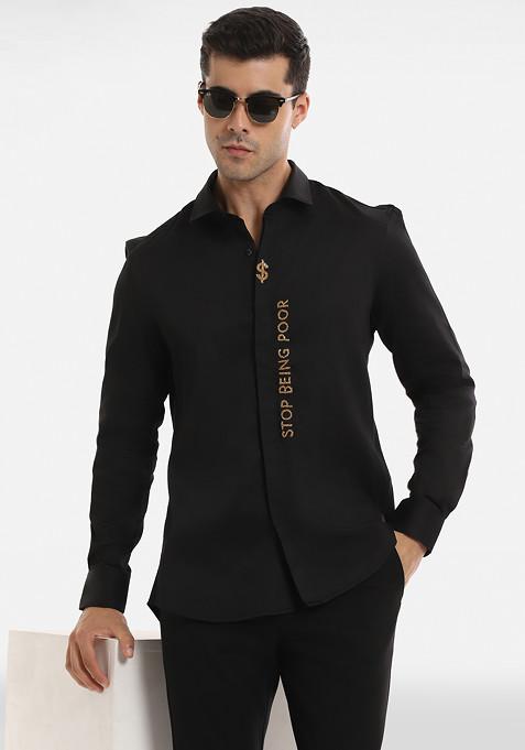 Black Embellished Cotton Lycra Shirt For Men