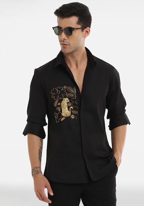 Black Embellished Forest Of Illusion Shirt For Men