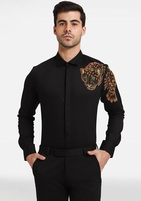 Black Embellished Jaguar Shirt For Men