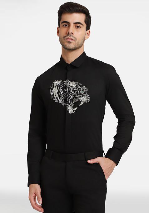Black Embellished Tiger Shirt For Men