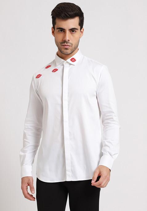 White Embellished Kisses Shirt For Men