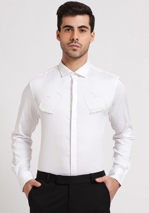 White Embellished Fringed Heart Shirt For Men