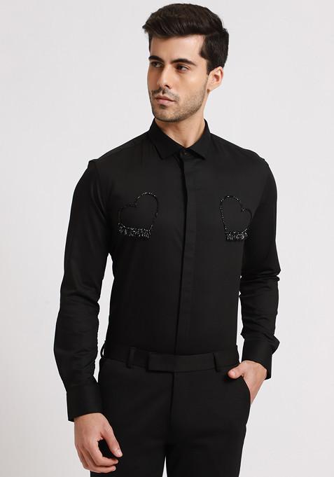 Black Embellished Fringed Heart Shirt For Men