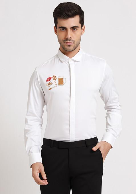 White Embellished Party Edit Shirt For Men