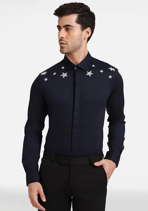 Navy Embellished Stars Shirt For Men