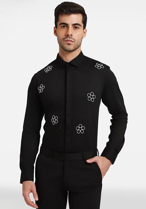 Black Embellished Bloom Shirt For Men