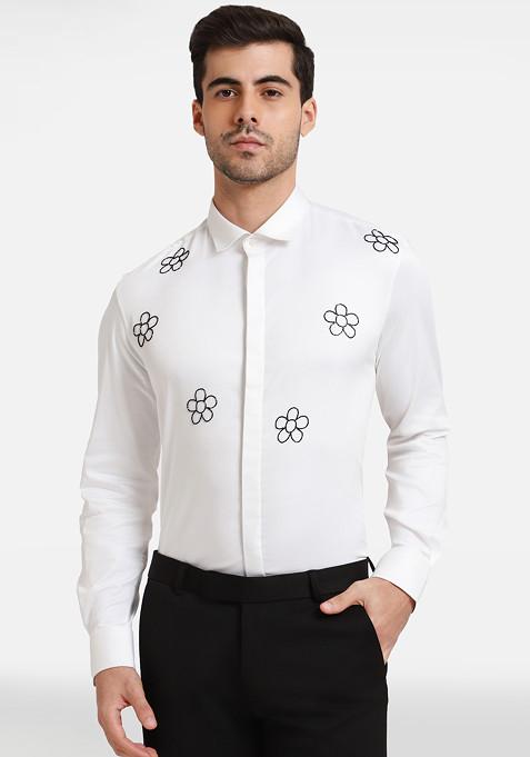 White Embellished Bloom Shirt For Men