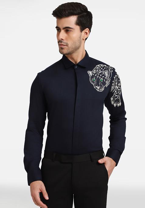 Navy Embellished Jaguar Shirt For Men