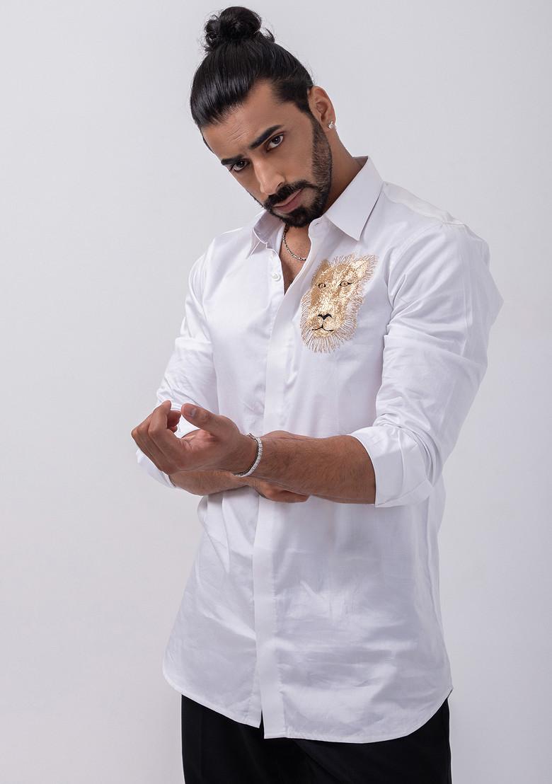 White Embroidered Giza Cotton Shirt For Men