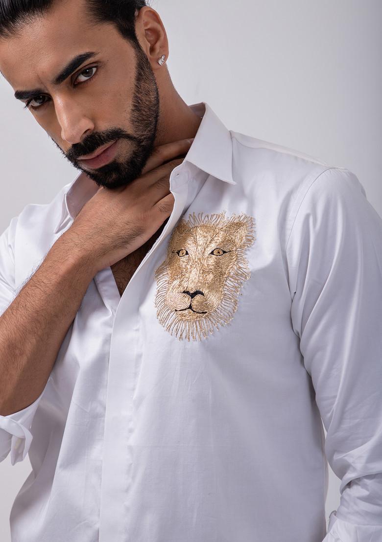 White Embroidered Giza Cotton Shirt For Men