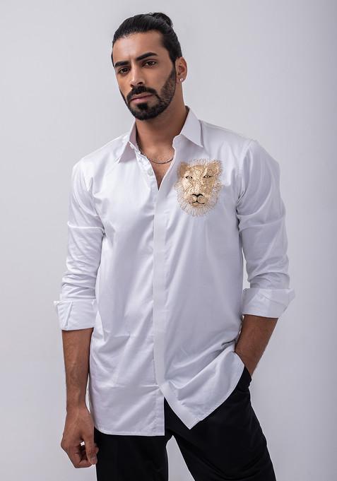 White Embroidered Giza Cotton Shirt For Men