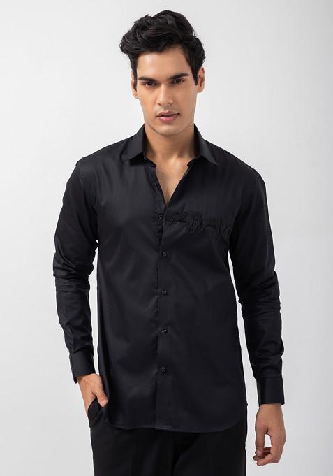 Black Embroidered Giza Cotton Shirt For Men