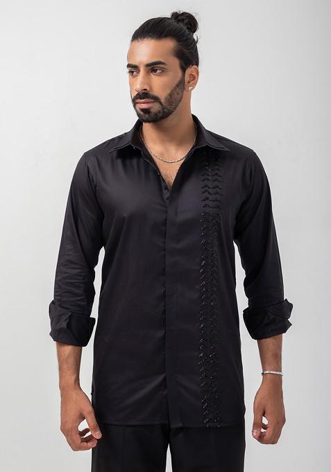 Black Embroidered Giza Cotton Standard Shirt For Men