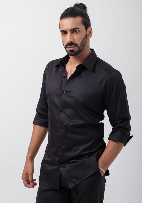 Black Embroidered Giza Cotton Full Sleeve Shirt For Men