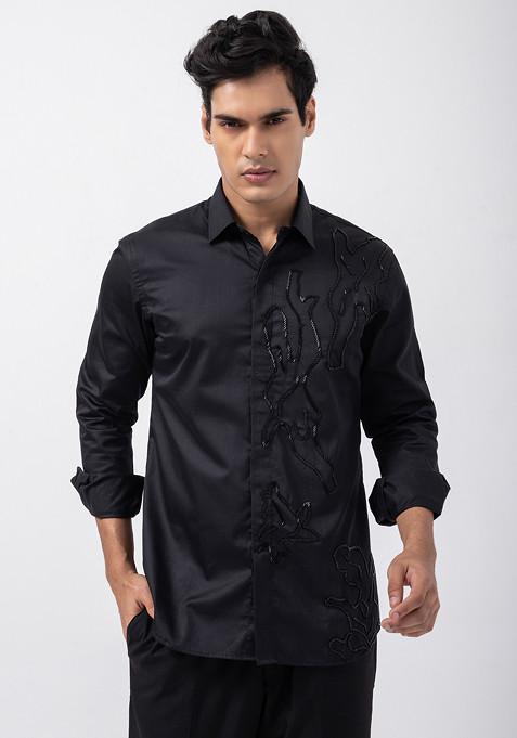 Black Embroidered Cotton Shirt For Men