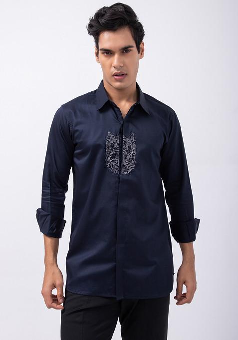 Navy Blue Embroidered Giza Cotton Shirt For Men