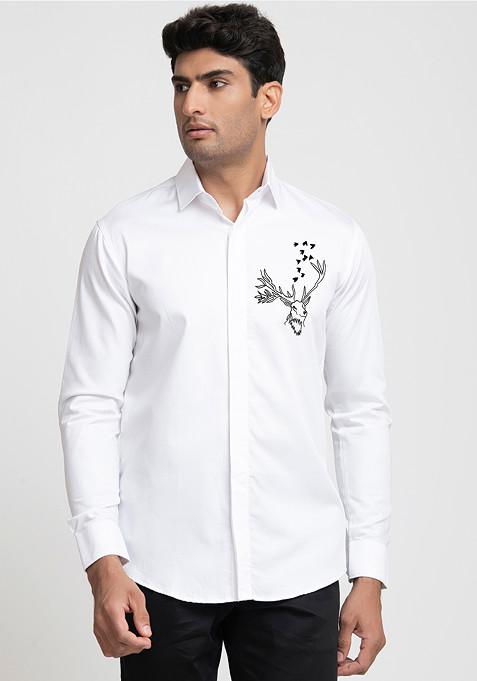 White Embroidered Bianco Reindeer Shirt For Men