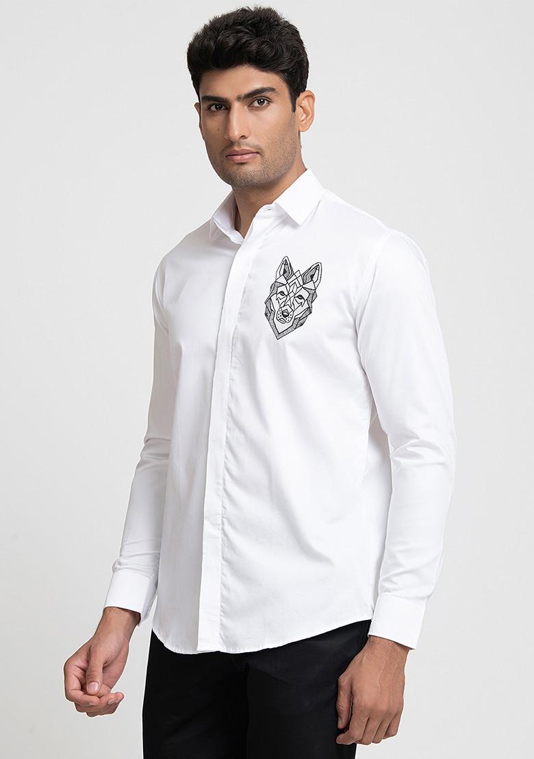White Embroidered Bianco Wolf Shirt For Men