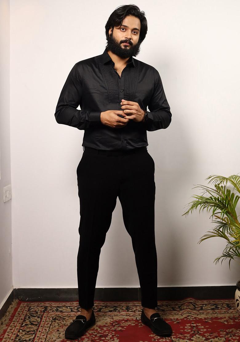 Black Pintuck Embroidered Shirt For Men