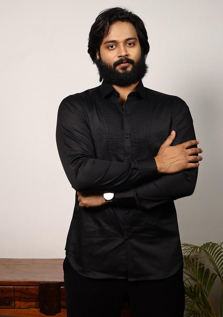 Black Pintuck Embroidered Shirt For Men