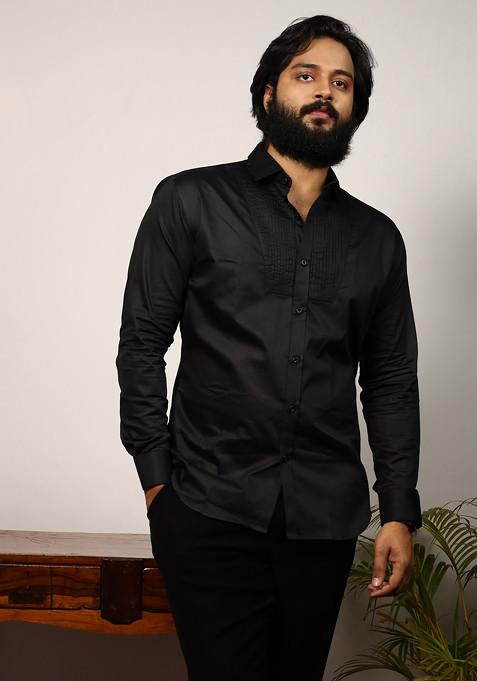 Black Pintuck Embroidered Shirt For Men