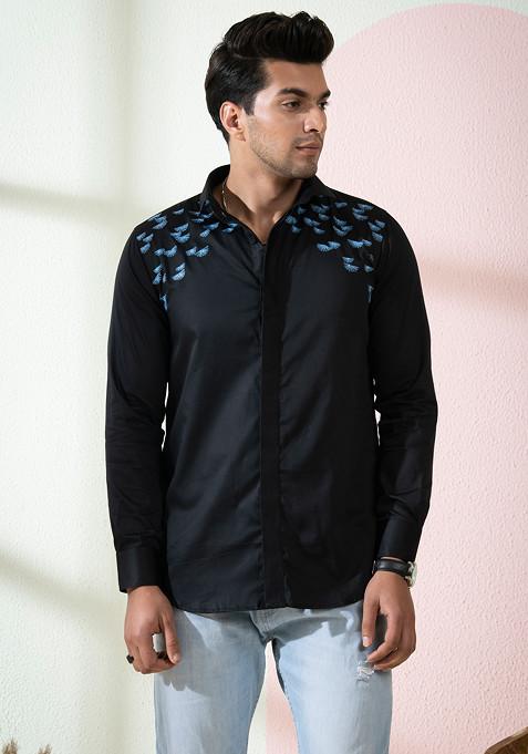 Black Embroidered Shirt For Men