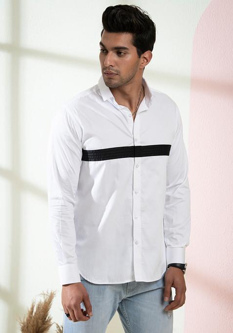 White Stripe Printed Giza Cotton Shirt For Men