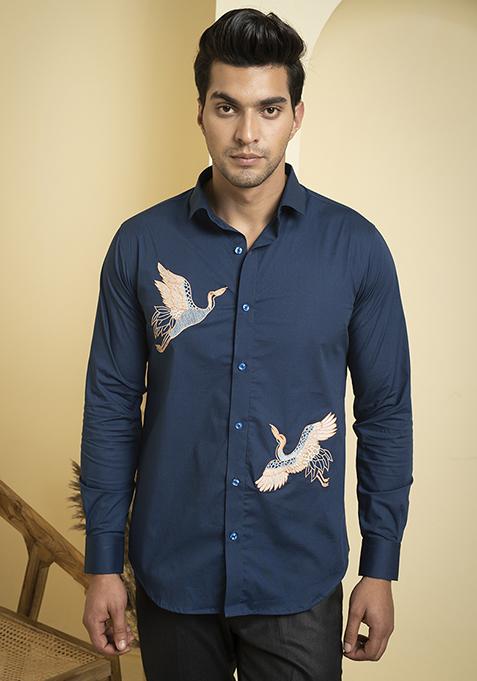 Navy Blue Embroidered Cran Shirt For Men