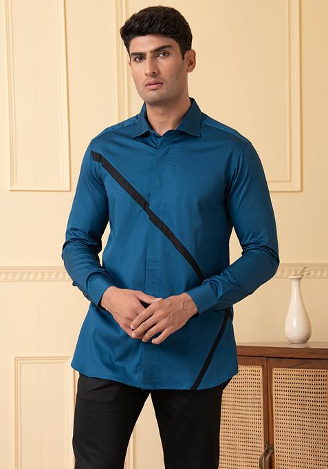 Blue Cross Stripe Printed Shirt For Men