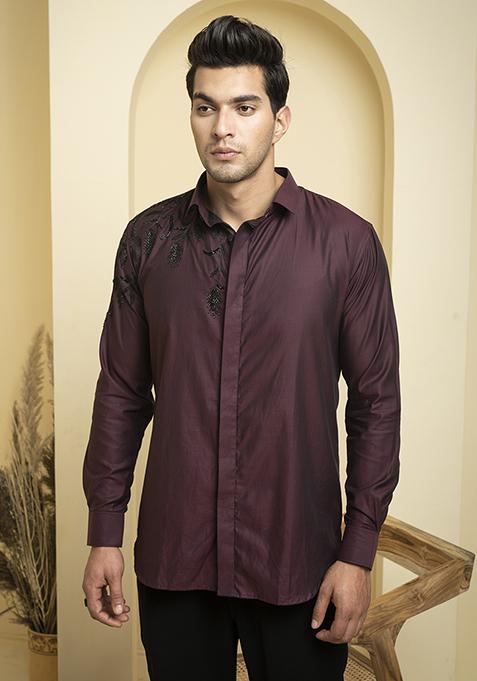 Burgundy Embroidered Daze Shirt For Men