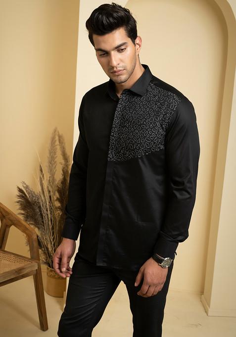 Black Embroidered Work Giza Cotton Shirt For Men