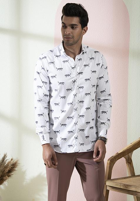 White Leopard Printed Feline Shirt For Men