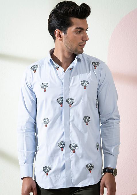 Light Blue Embroidered Float Shirt For Men