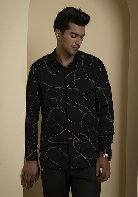 Black Embroidered Grayab Shirt For Men