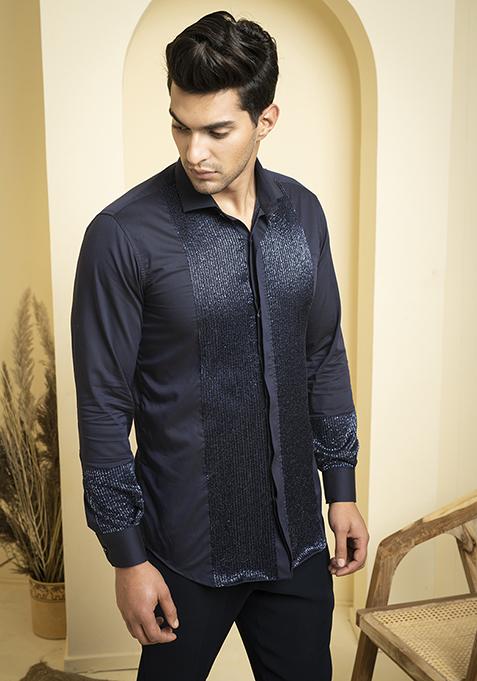 Navy Blue Embroidered Metallic Shirt For Men