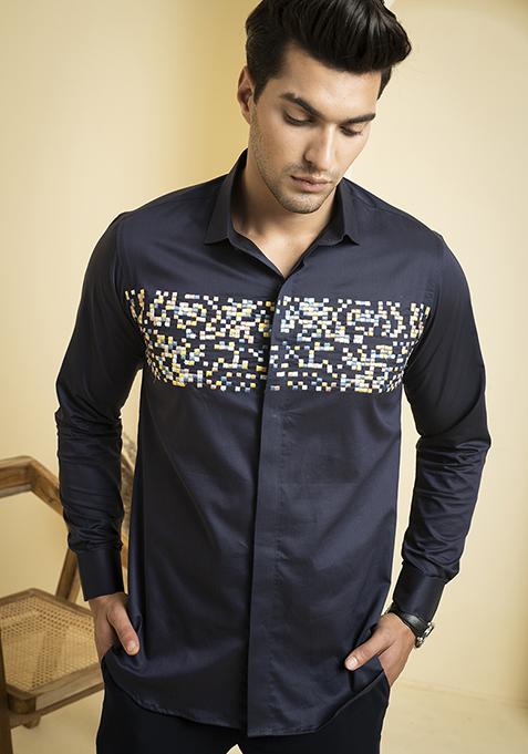 Navy Blue Embroidered Mont Shirt For Men