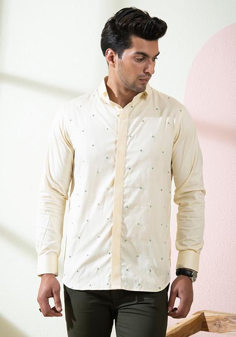 Beige Embroidered Oat Shirt For Men