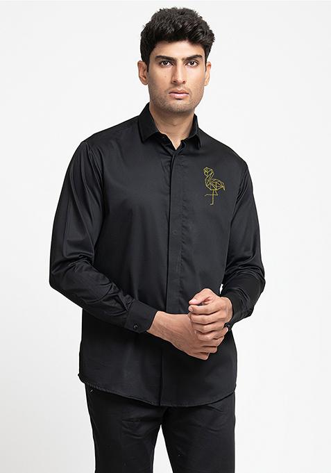 Black Embroidered Perto Crane Shirt For Men