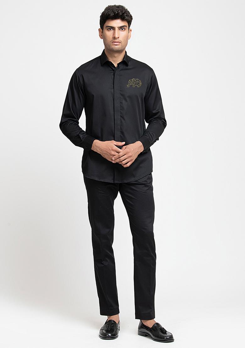 Black Embroidered Perto Elephant Shirt For Men