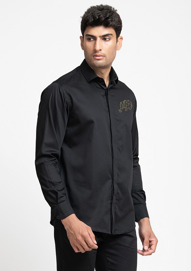 Black Embroidered Perto Elephant Shirt For Men