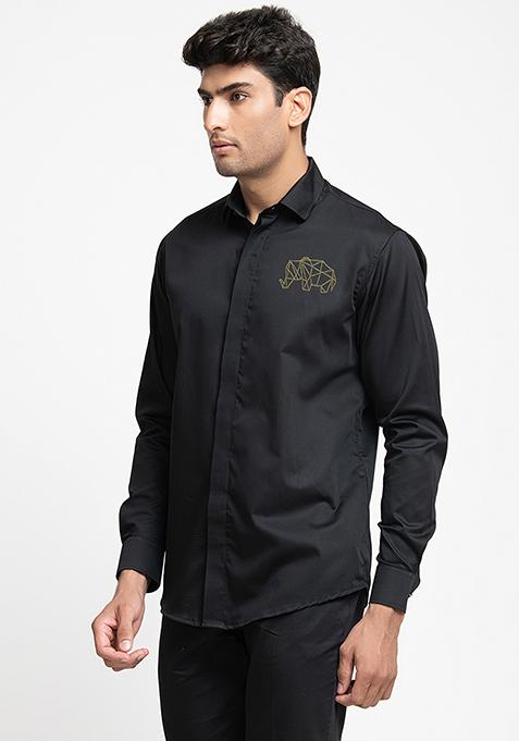Black Embroidered Perto Elephant Shirt For Men