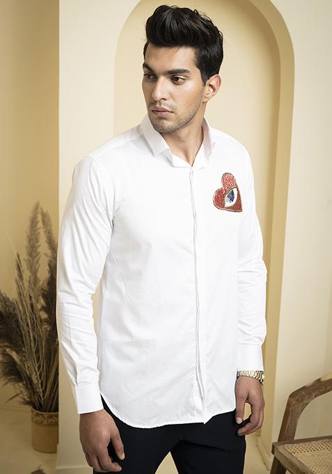 White Embroidered Redert Shirt For Men