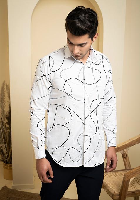 White Embroidered Seiche Designer Abstract Shirt For Men