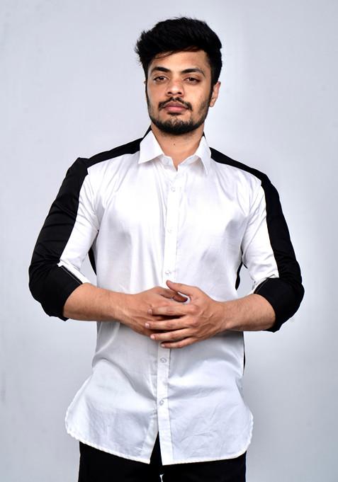 White Colour Blocked Wabiabi Shirt For Men