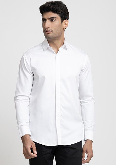 White Cotton Satin Bianco Shirt For Men