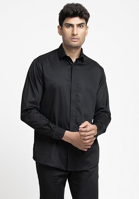 Black Solid Cotton Satin Perto Shirt For Men