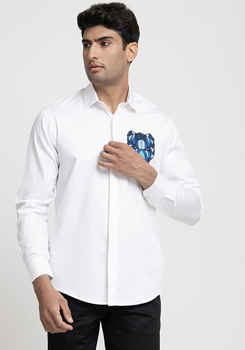 White Panther Embroidered Shirt For Men