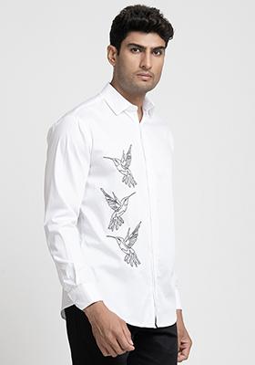 White Aurora Bird Embroidered Shirt For Men