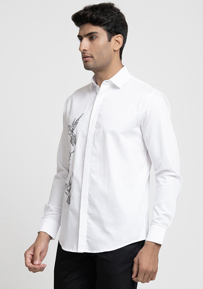 White Aurora Bird Embroidered Shirt For Men